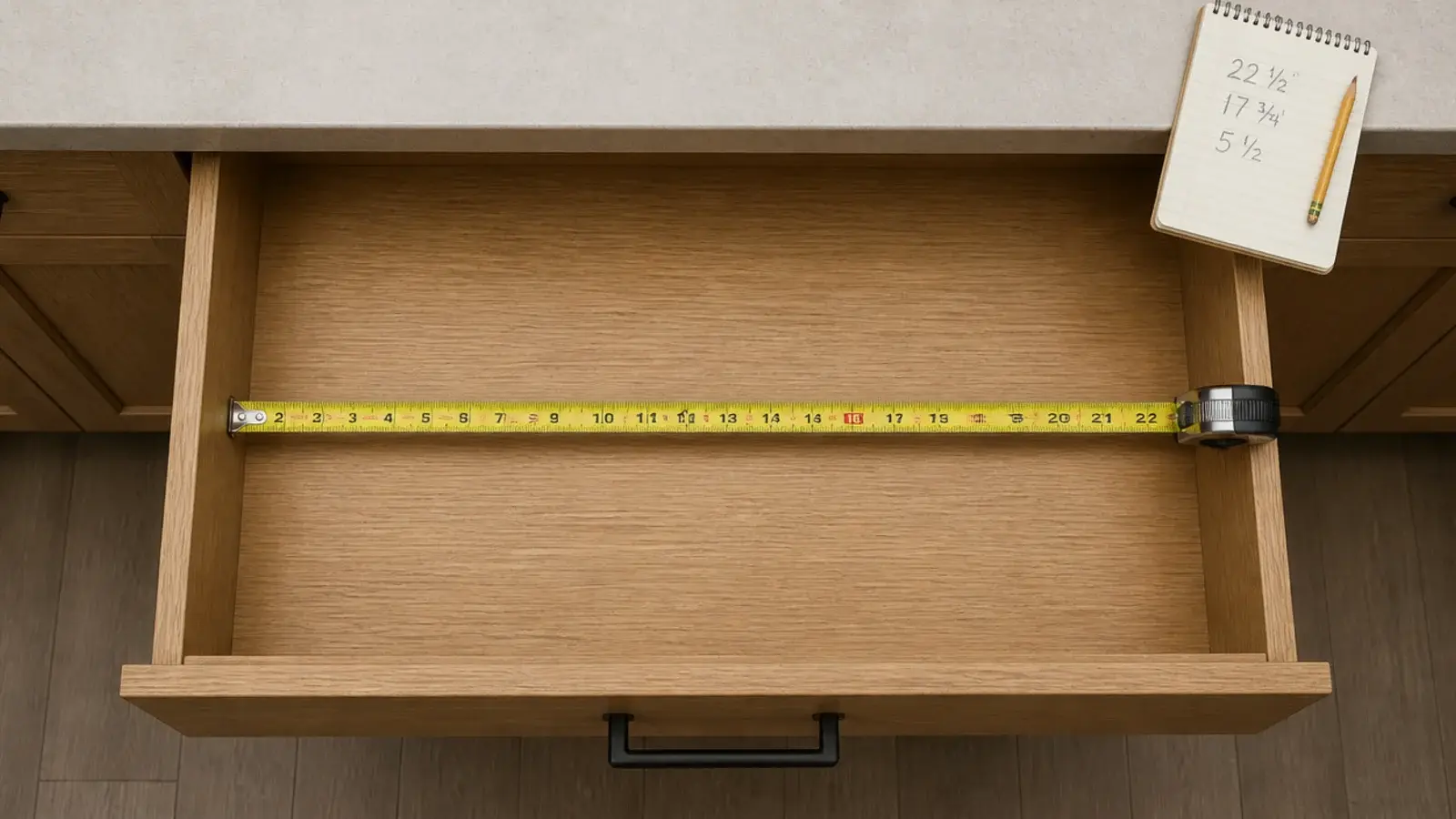 tape measure across the internal width of an empty vanity drawer