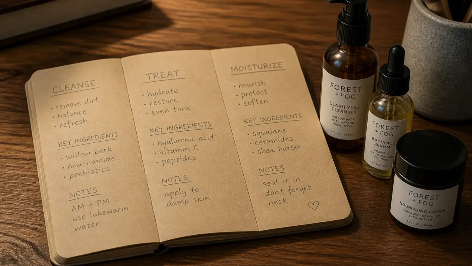handwritten routine map showing cleanse treat and colour vanity zones