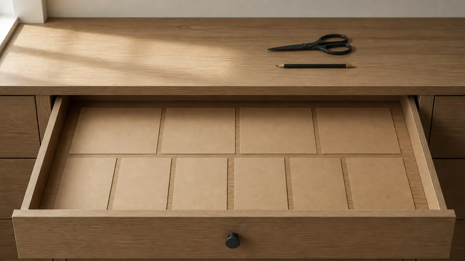 paper templates laid inside a drawer to plan vanity insert layout