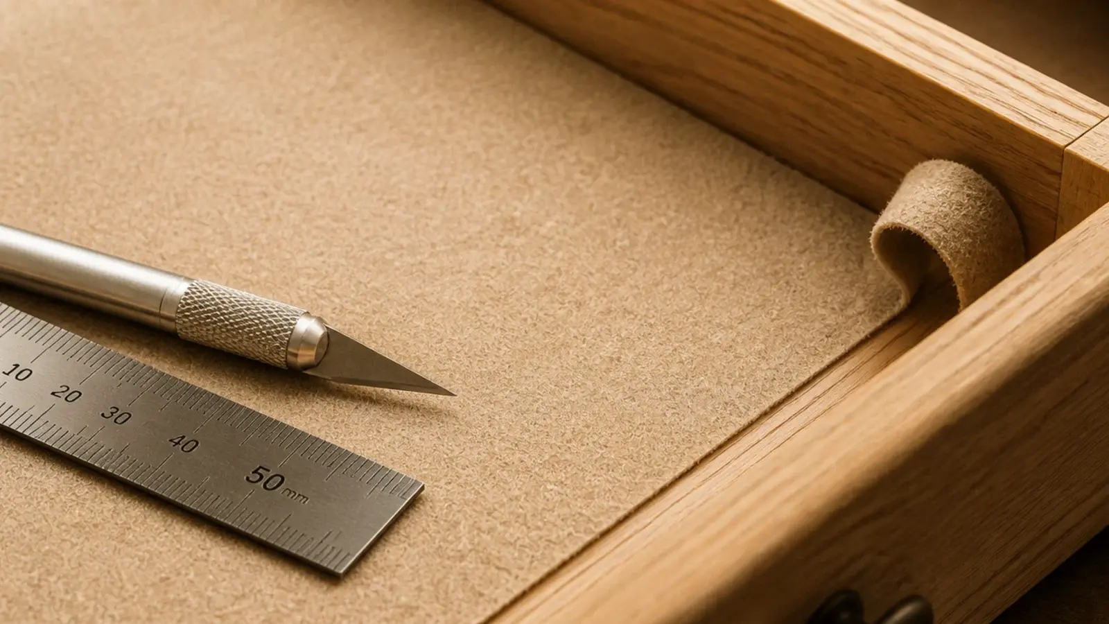 felt liner cut to fit the base of a vanity drawer