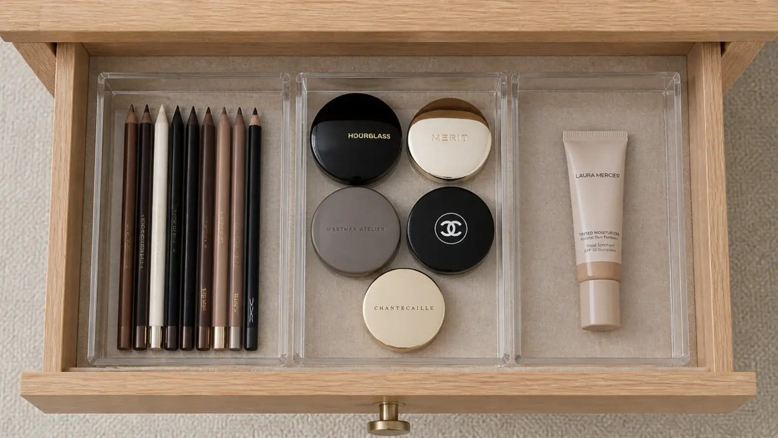 shallow vanity drawer organized with dividers for daily skincare steps