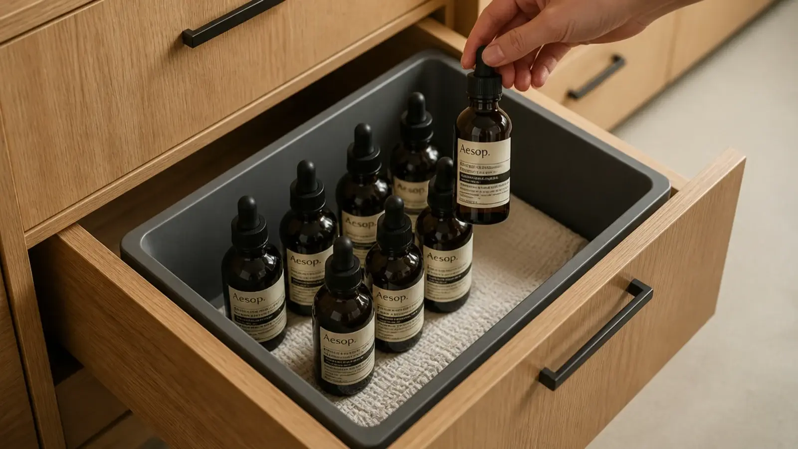 serum bottles and pumps standing upright in a deep vanity drawer