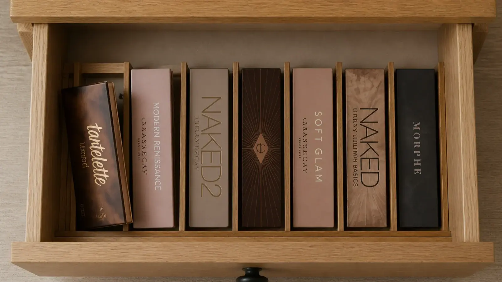 eyeshadow palettes filed upright on edge inside a vanity drawer