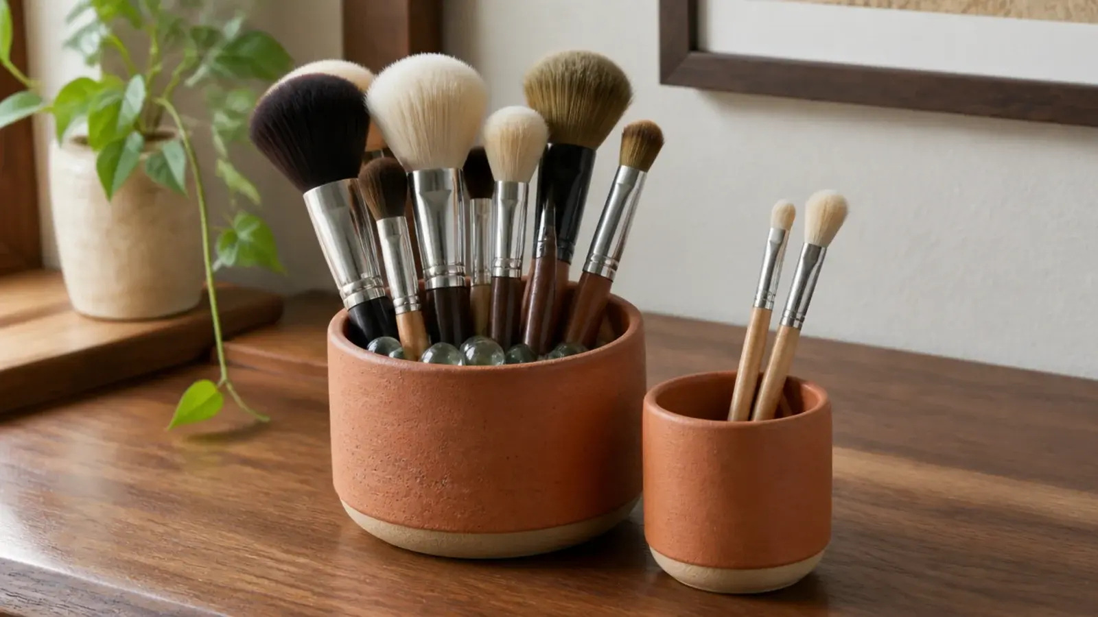 brushes standing bristles up in a heavy stoneware vanity cup