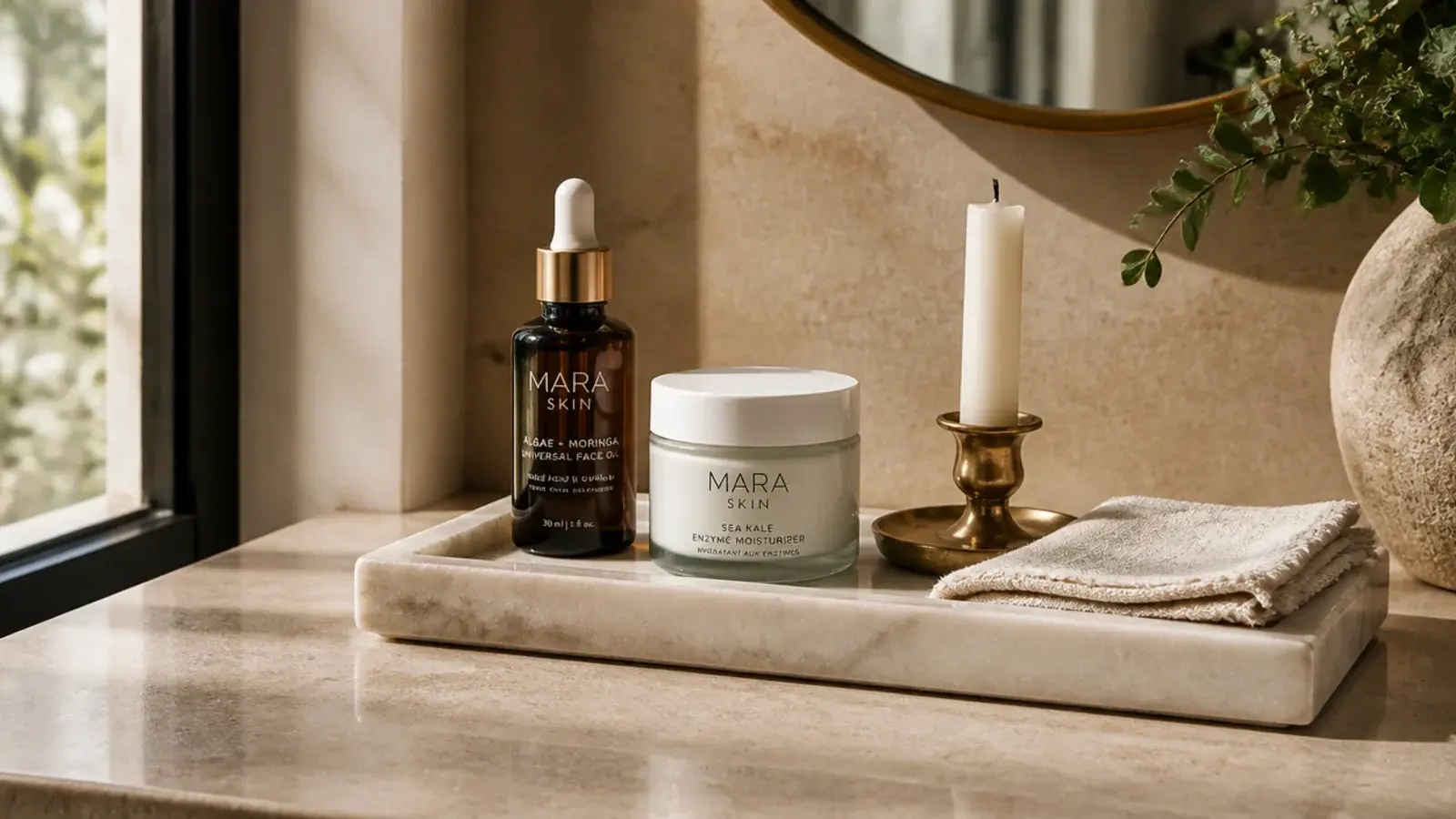 small marble tray styled with daily vanity products and one candle