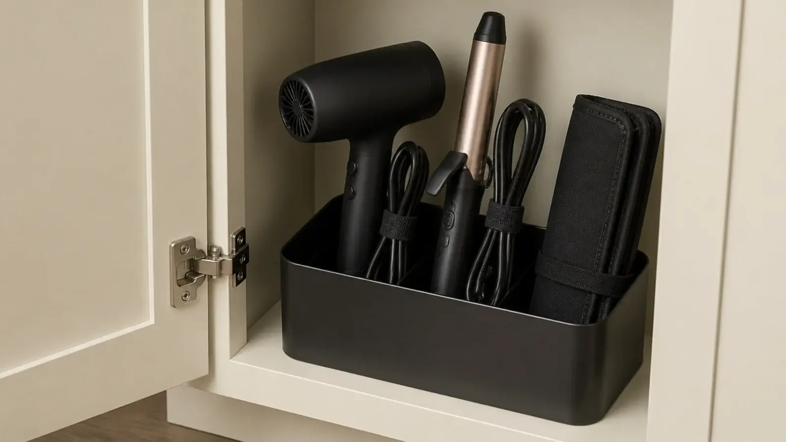 hair dryer and curling iron stored upright in a metal cabinet bin