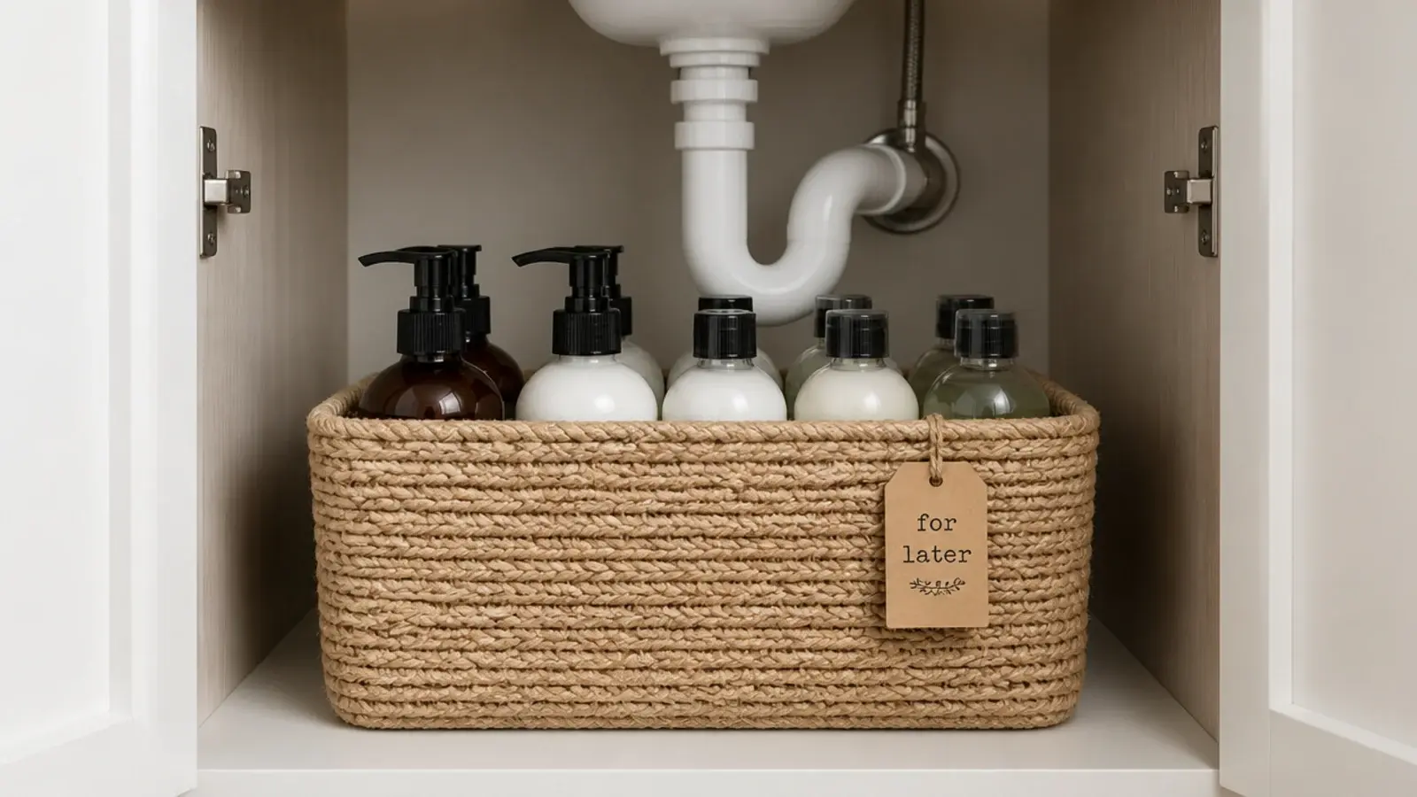 jute basket of vanity backstock labelled and stored under the sink