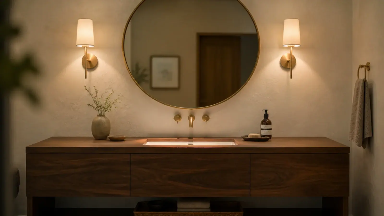 warm sconces flanking a vanity mirror lighting the face evenly