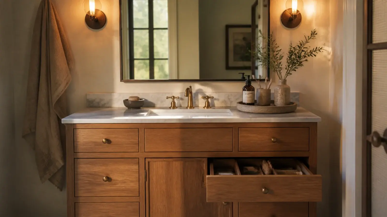finished vanity organization with tray drawer and warm mirror lighting
