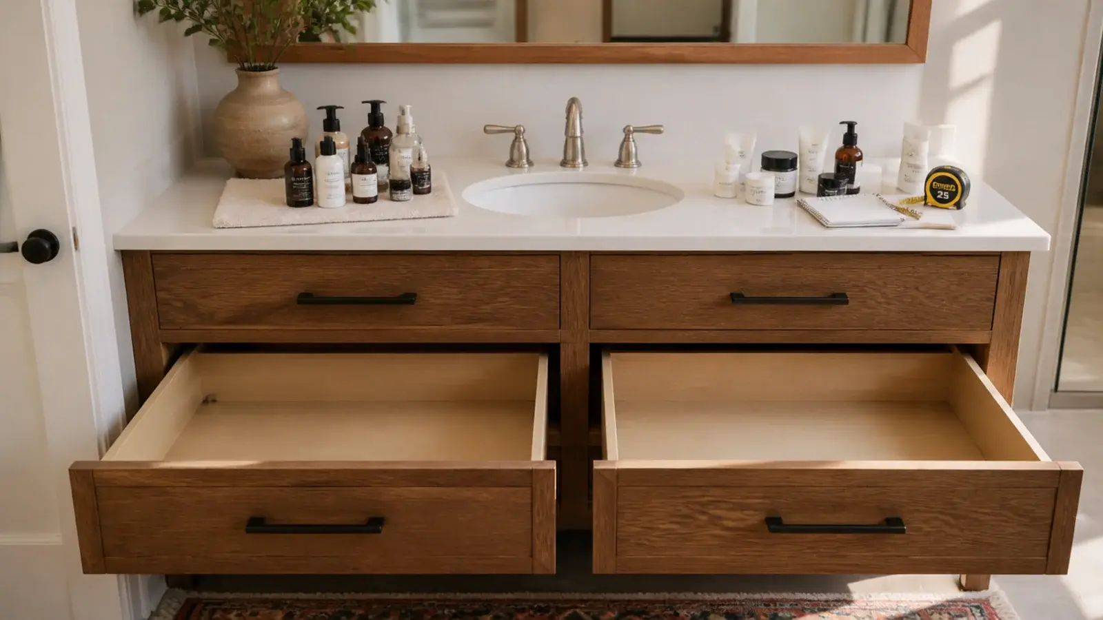 diy vanity organization reset in progress with empty drawers and sorted products