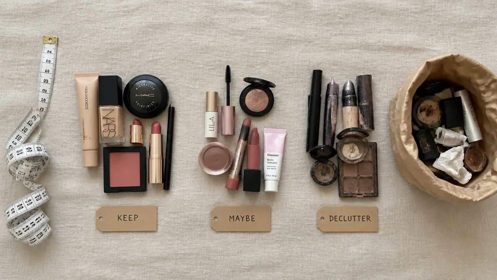 makeup sorted into daily weekly and backstock groups on linen