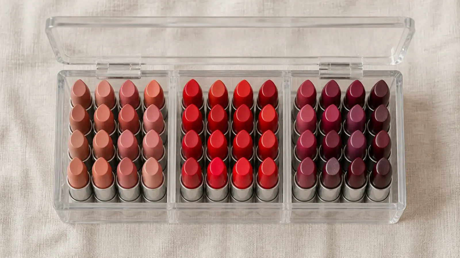 lipsticks sorted by shade family in a compartment storage box