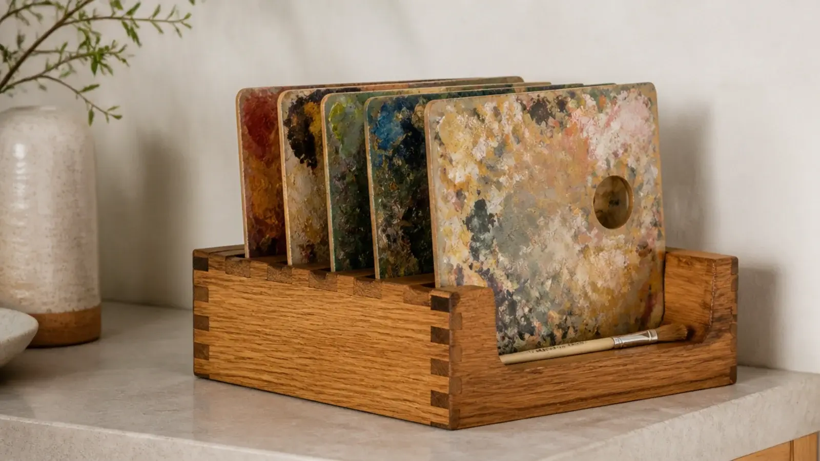 eyeshadow palettes standing upright in a wooden napkin holder