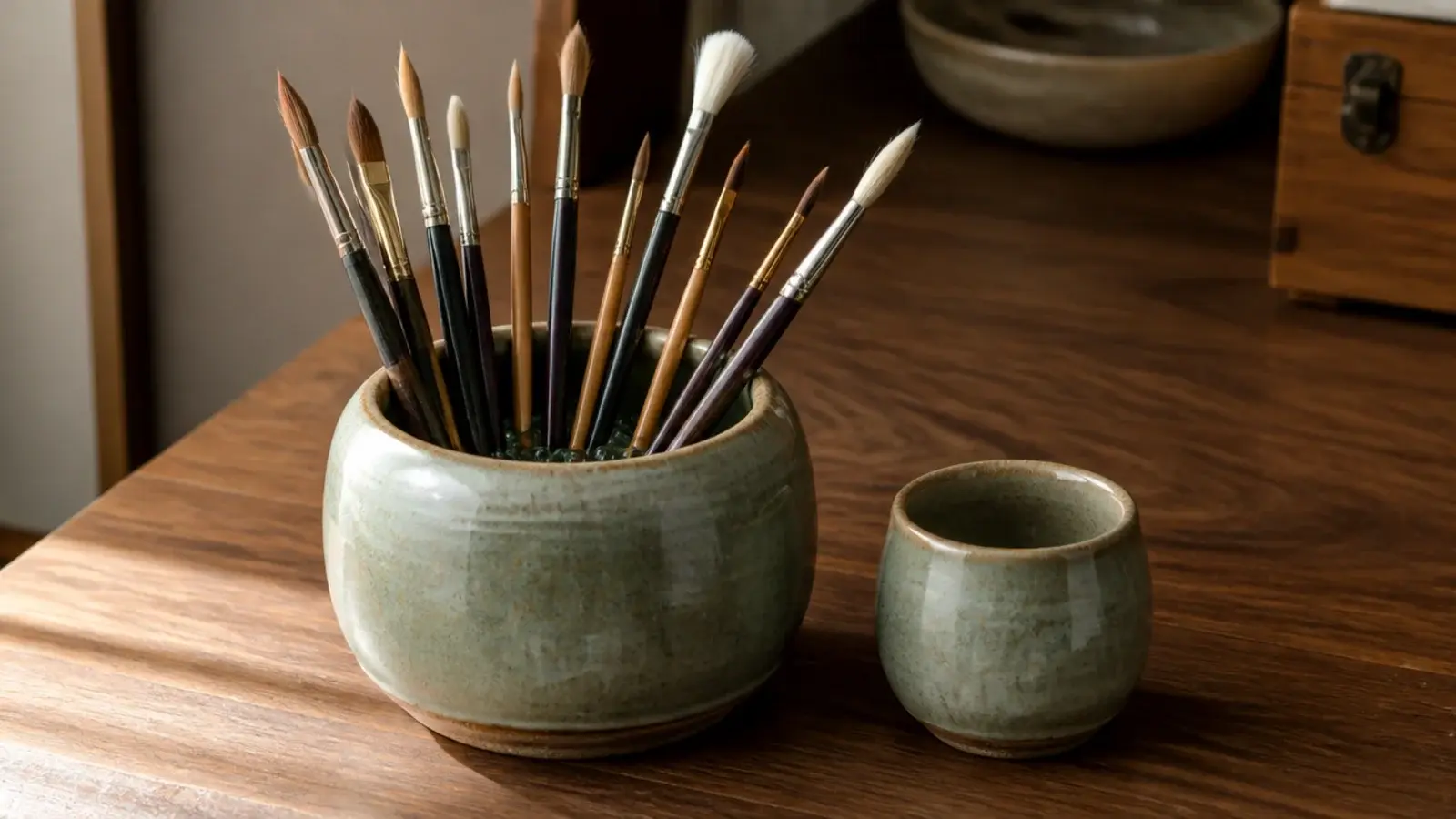 makeup brushes stored bristles up in a heavy stoneware cup