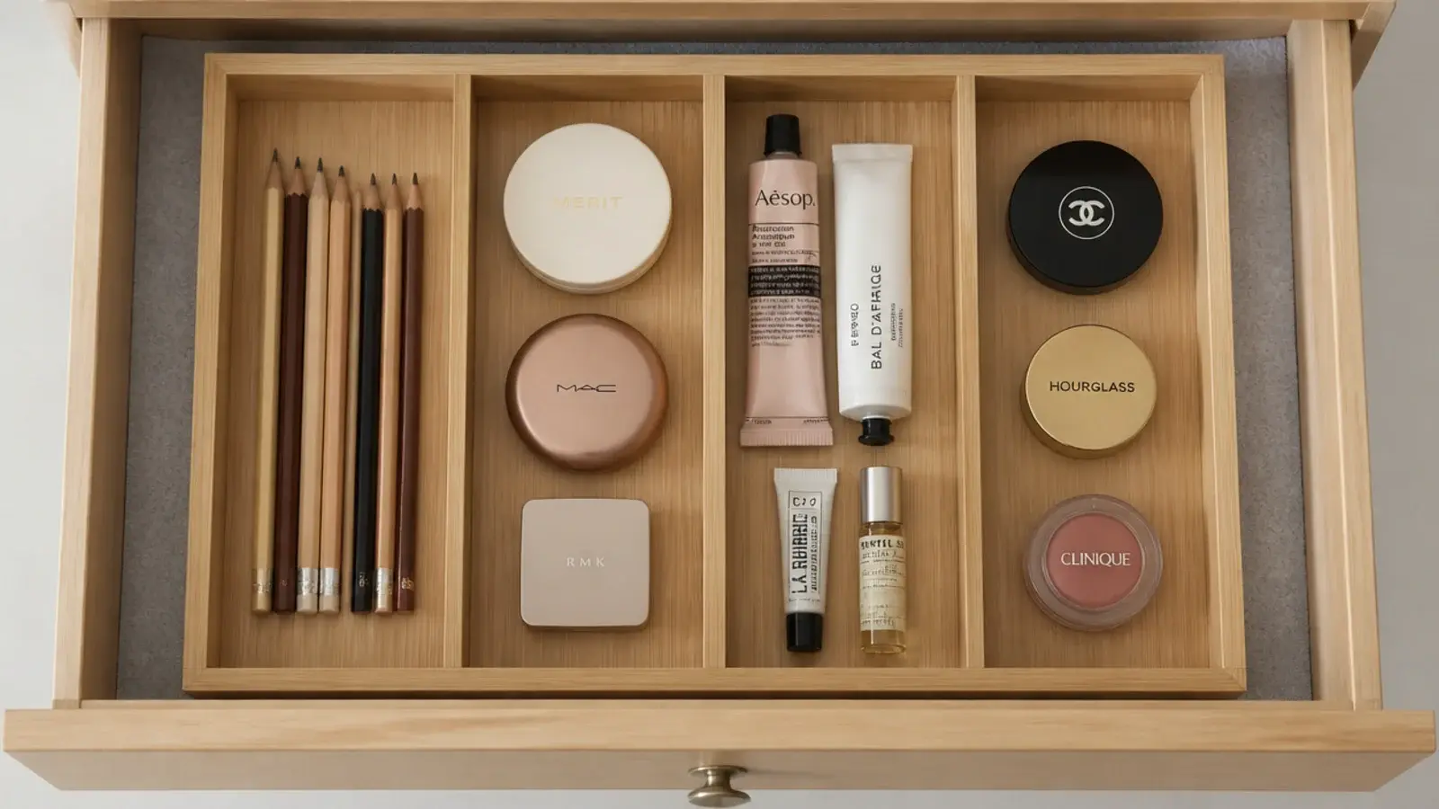 kitchen cutlery tray reused as a makeup vanity drawer insert