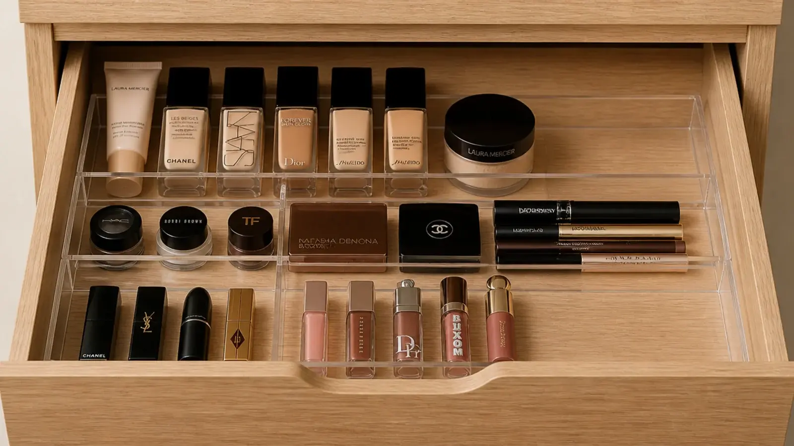 shallow makeup drawer divided into base, eyes and lip sections