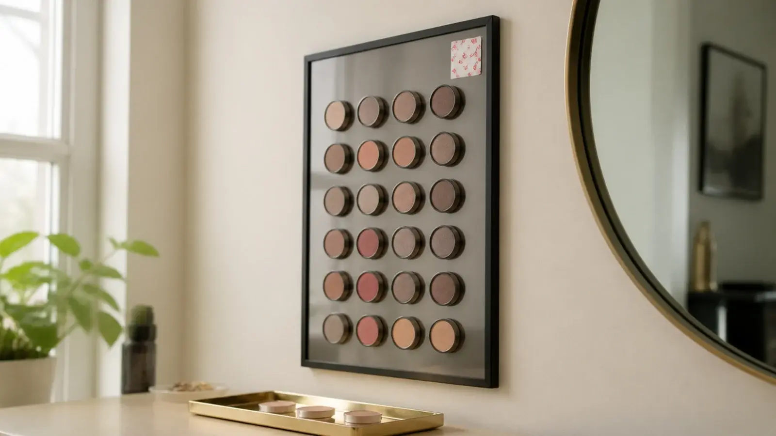 magnetic wall board holding single eyeshadow pans above a vanity