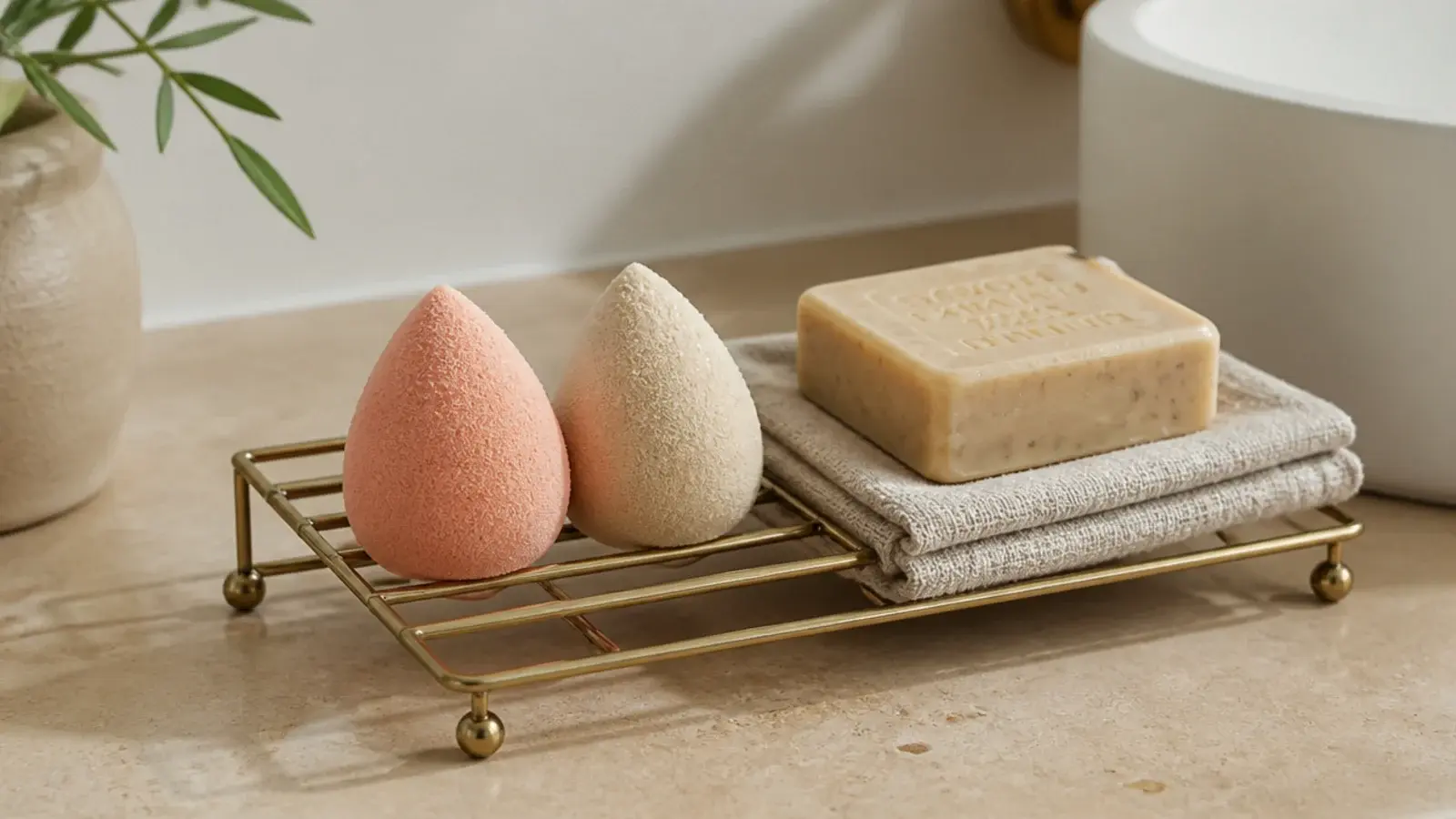 makeup sponges drying upright on a small wire rack by a vanity