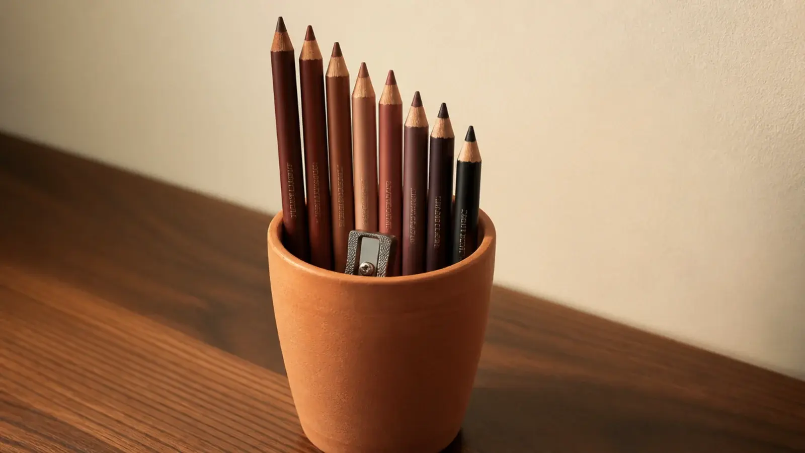 eye and lip pencils standing in a narrow cup sorted by length