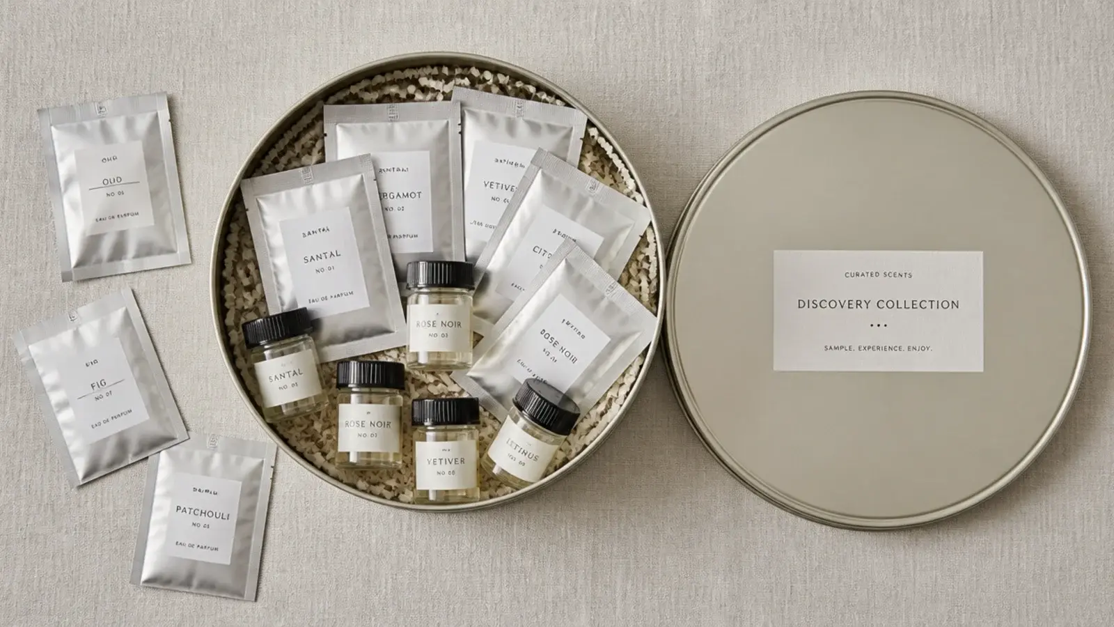 sachets and sample pots collected in one small lidded tin