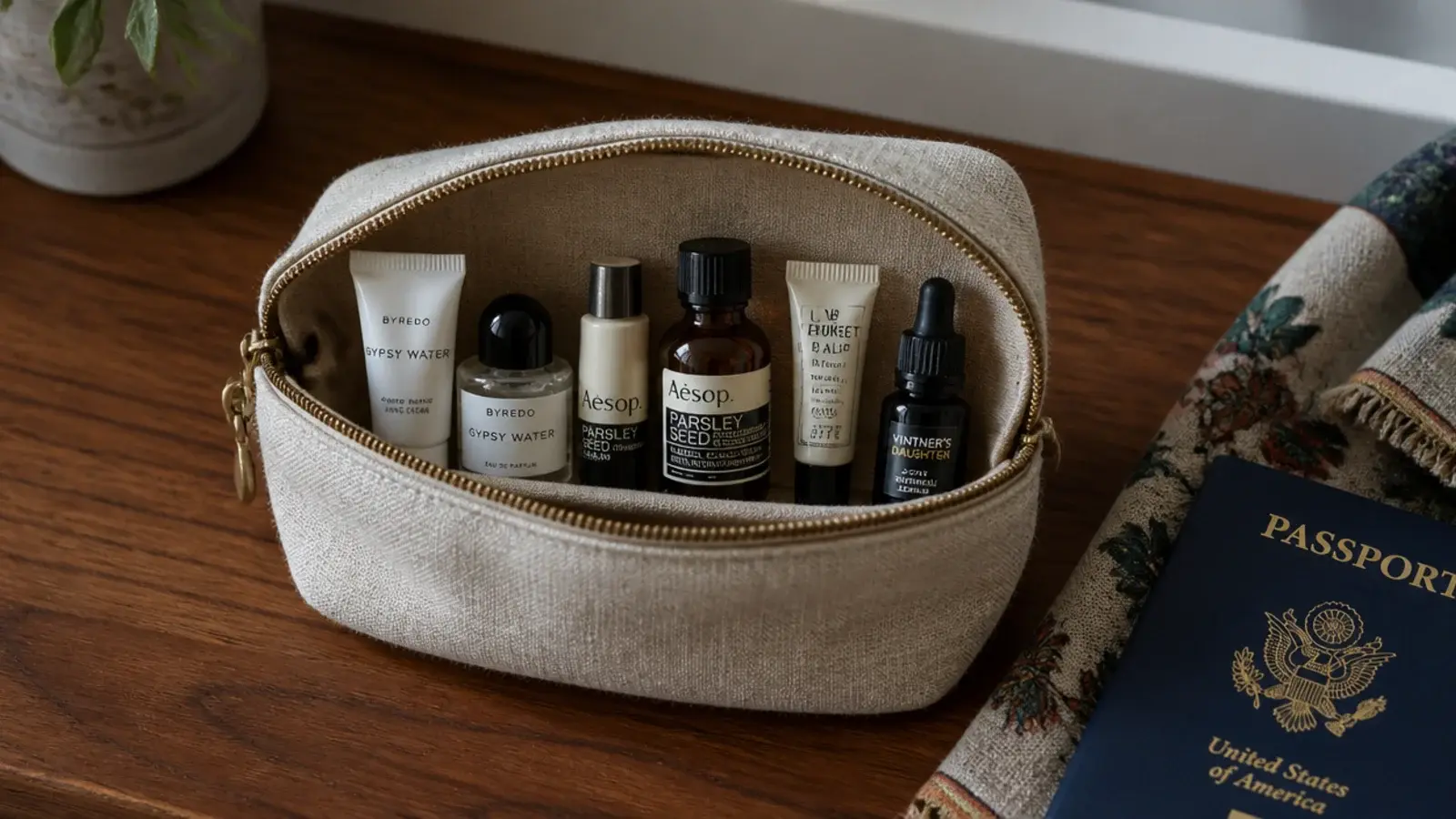 small travel makeup pouch packed with minis beside a vanity
