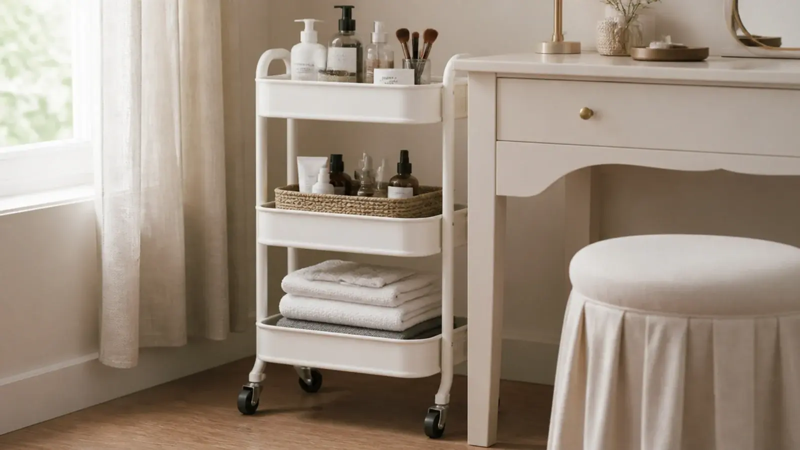 narrow rolling cart holding makeup overflow beside a small vanity