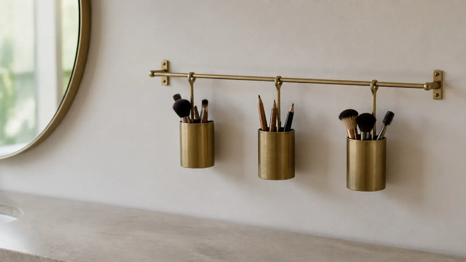 wall rail with hanging cups storing brushes beside a mirror