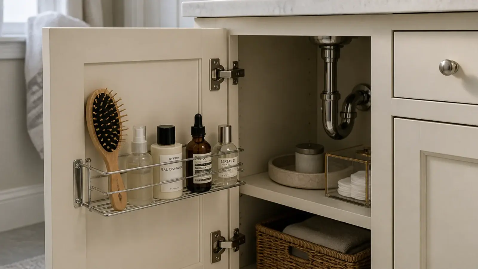 shallow rack on the back of a vanity cabinet door holding bottles