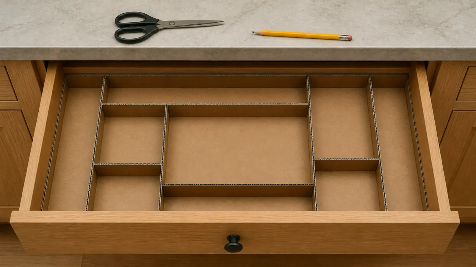 cardboard template cut to fit inside a makeup vanity drawer