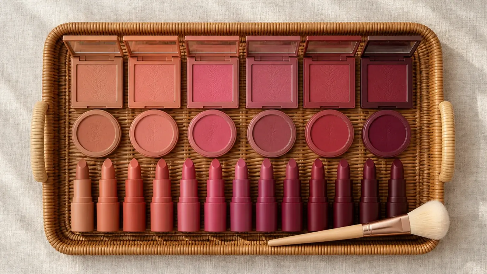 makeup arranged by colour family in a shallow vanity tray