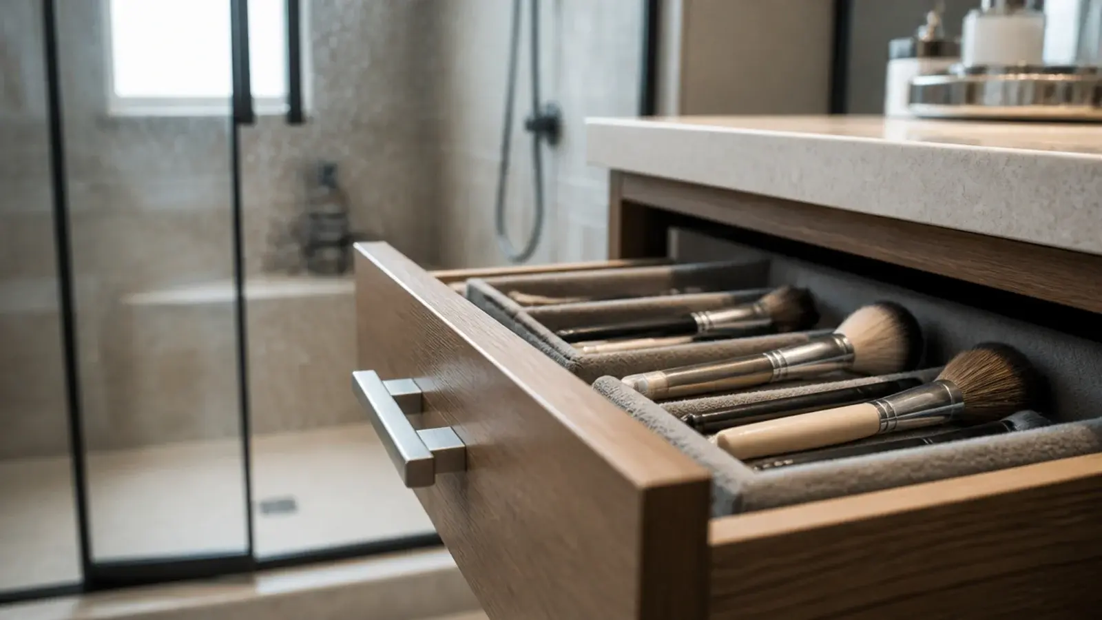 brushes and sponges stored in a closed drawer away from shower steam