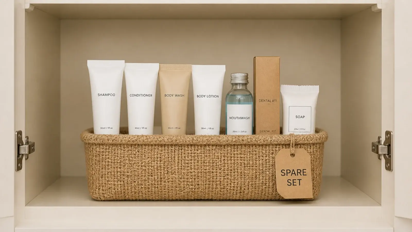 single spare of each makeup product stored in a labelled basket