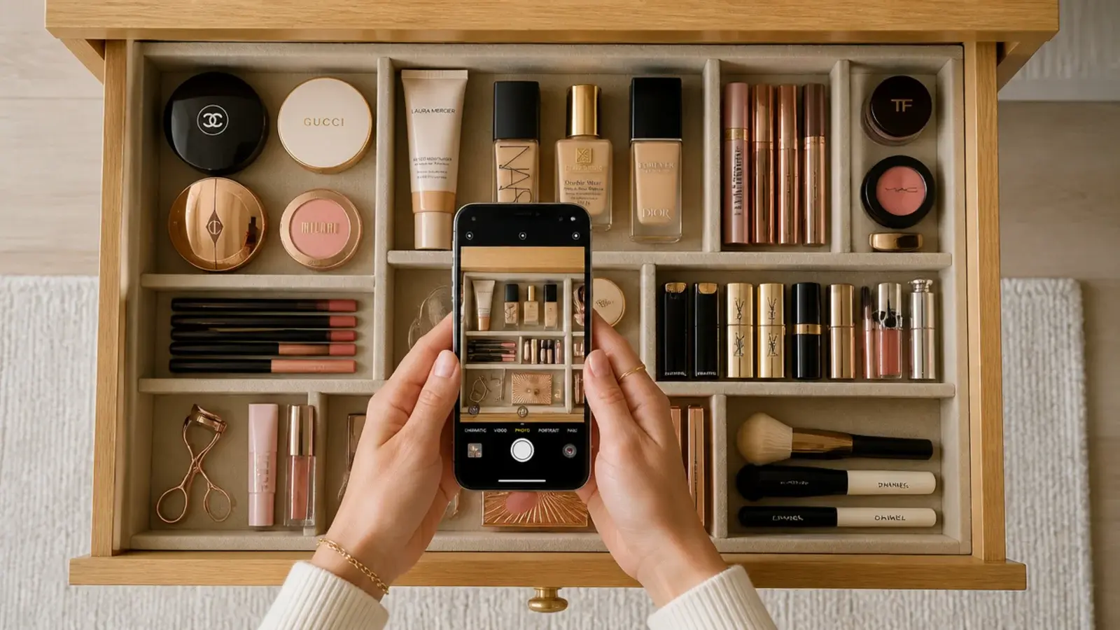 phone photograph of a freshly organized makeup vanity drawer