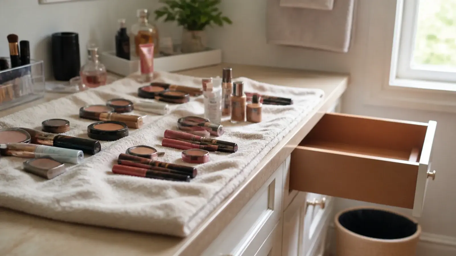 makeup collection emptied onto a towel for a twice yearly cull