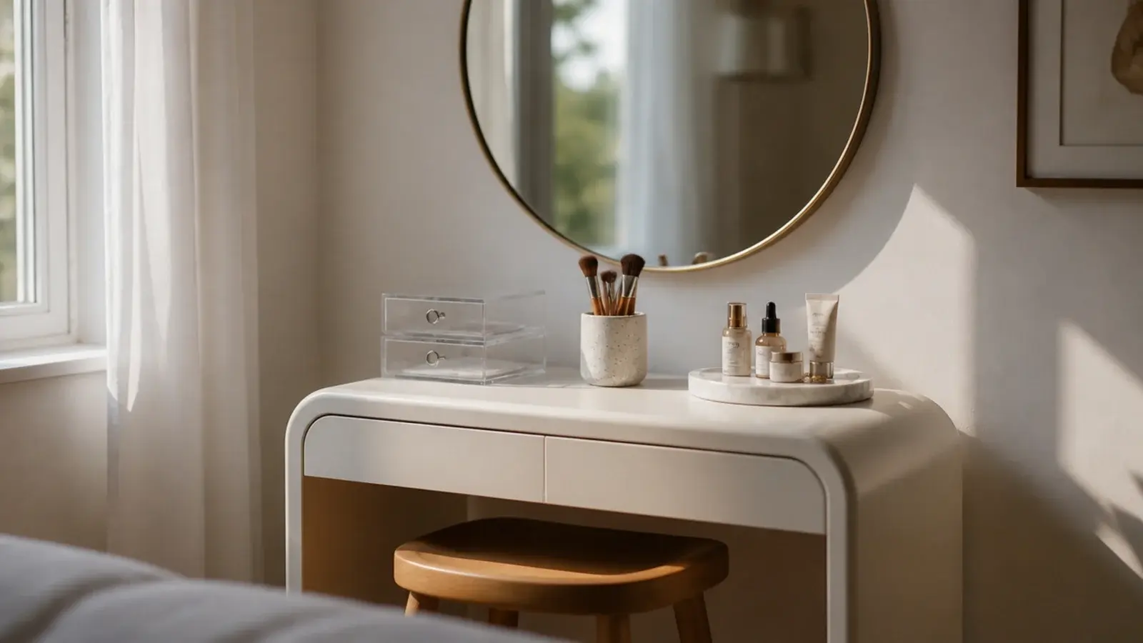 small makeup vanity organization with clear drawers, brush cup and tray