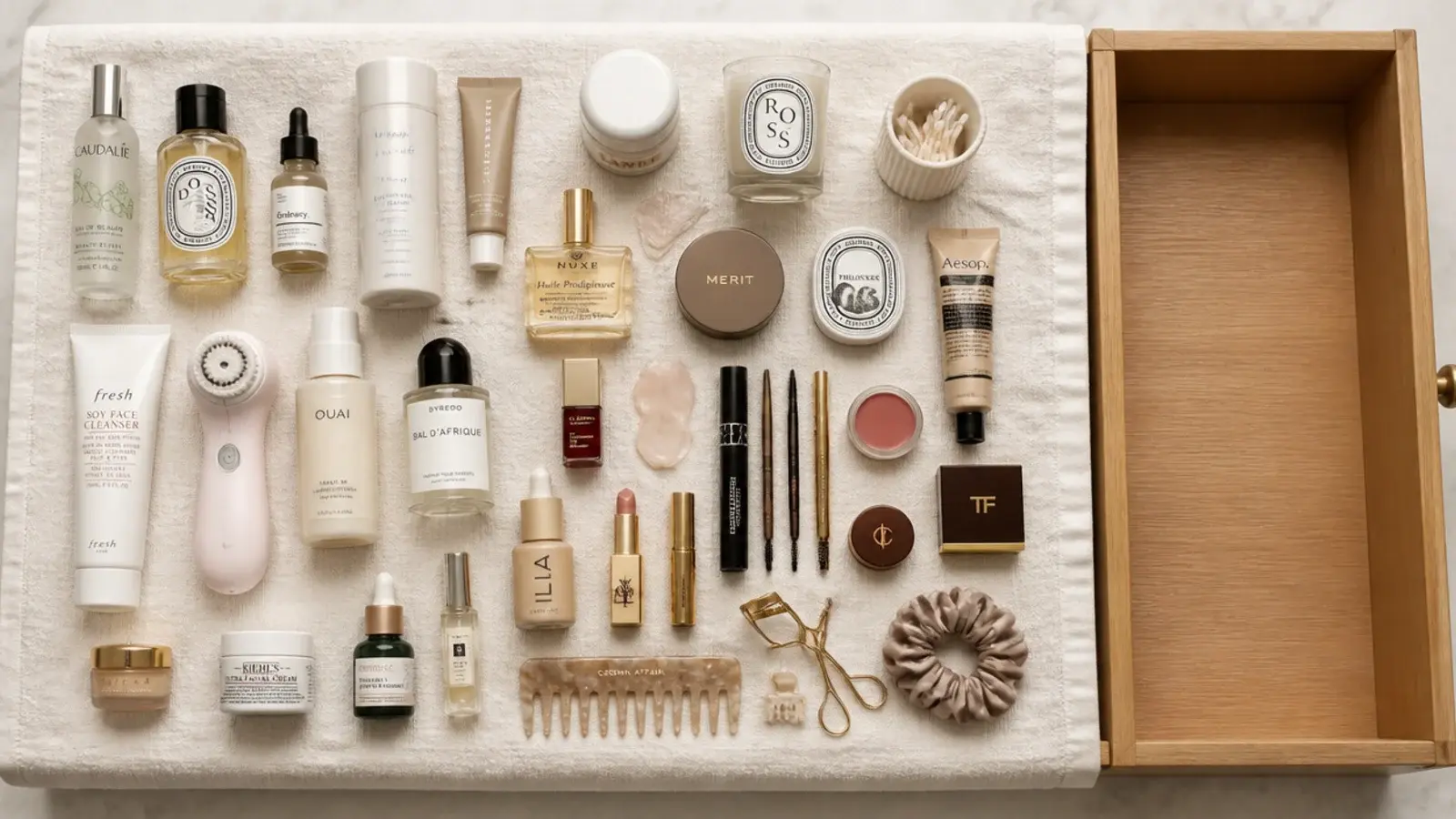 every vanity product emptied out onto a linen towel before sorting begins