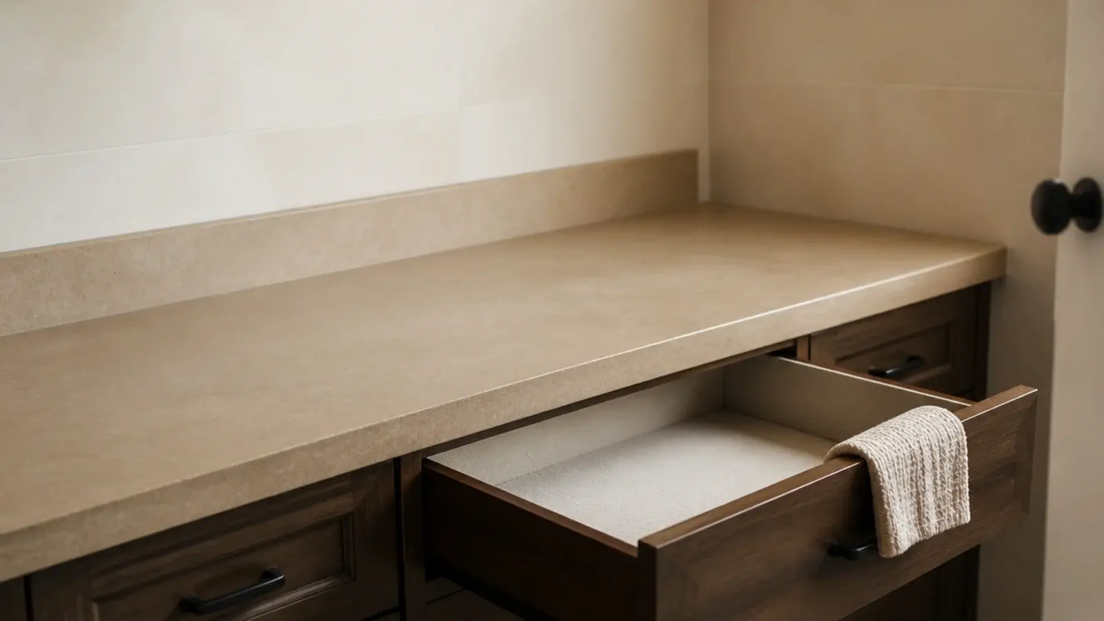completely bare vanity counter and open empty drawer ready to be reset