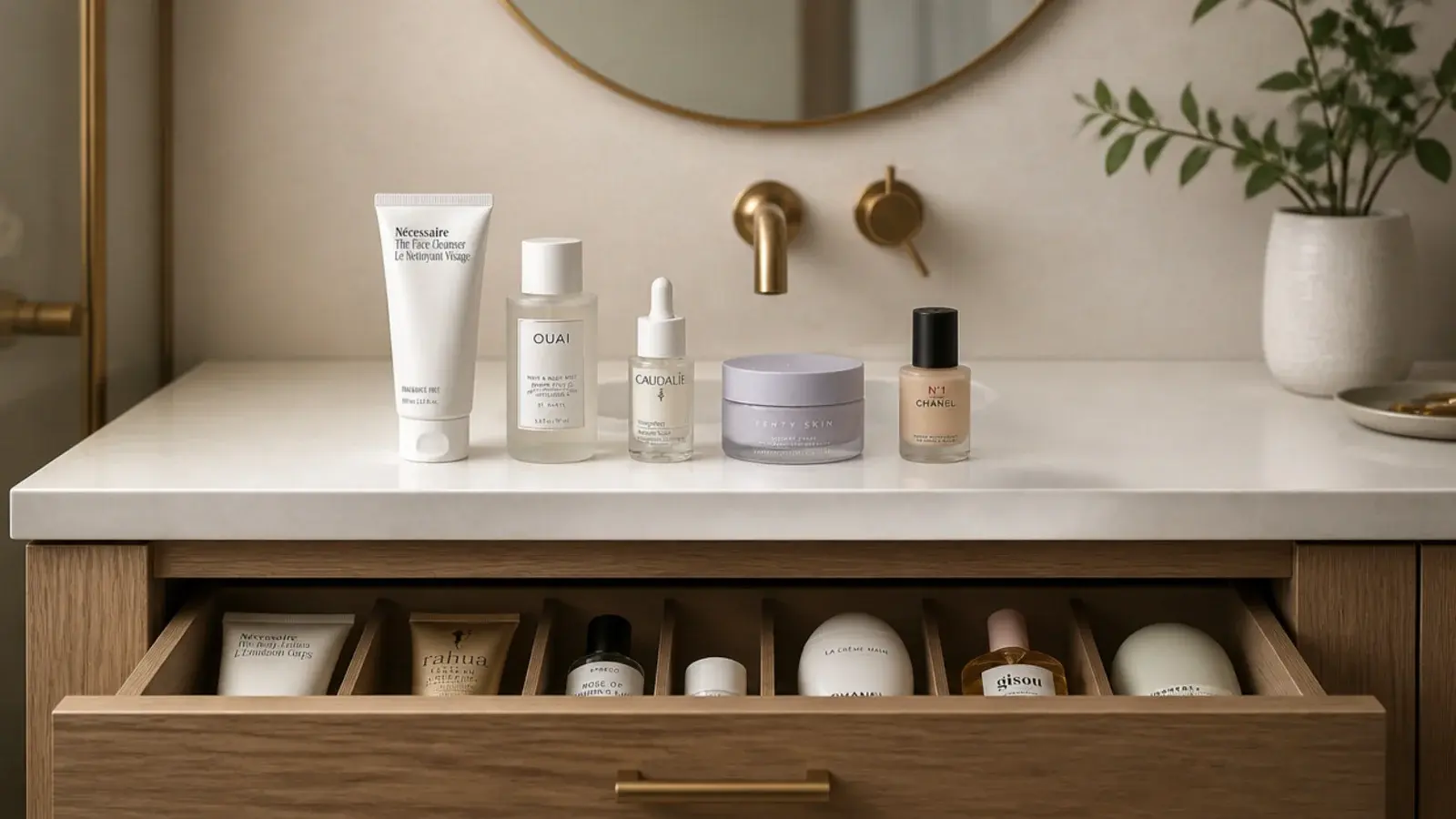five daily products on a counter beside a drawer holding the rest