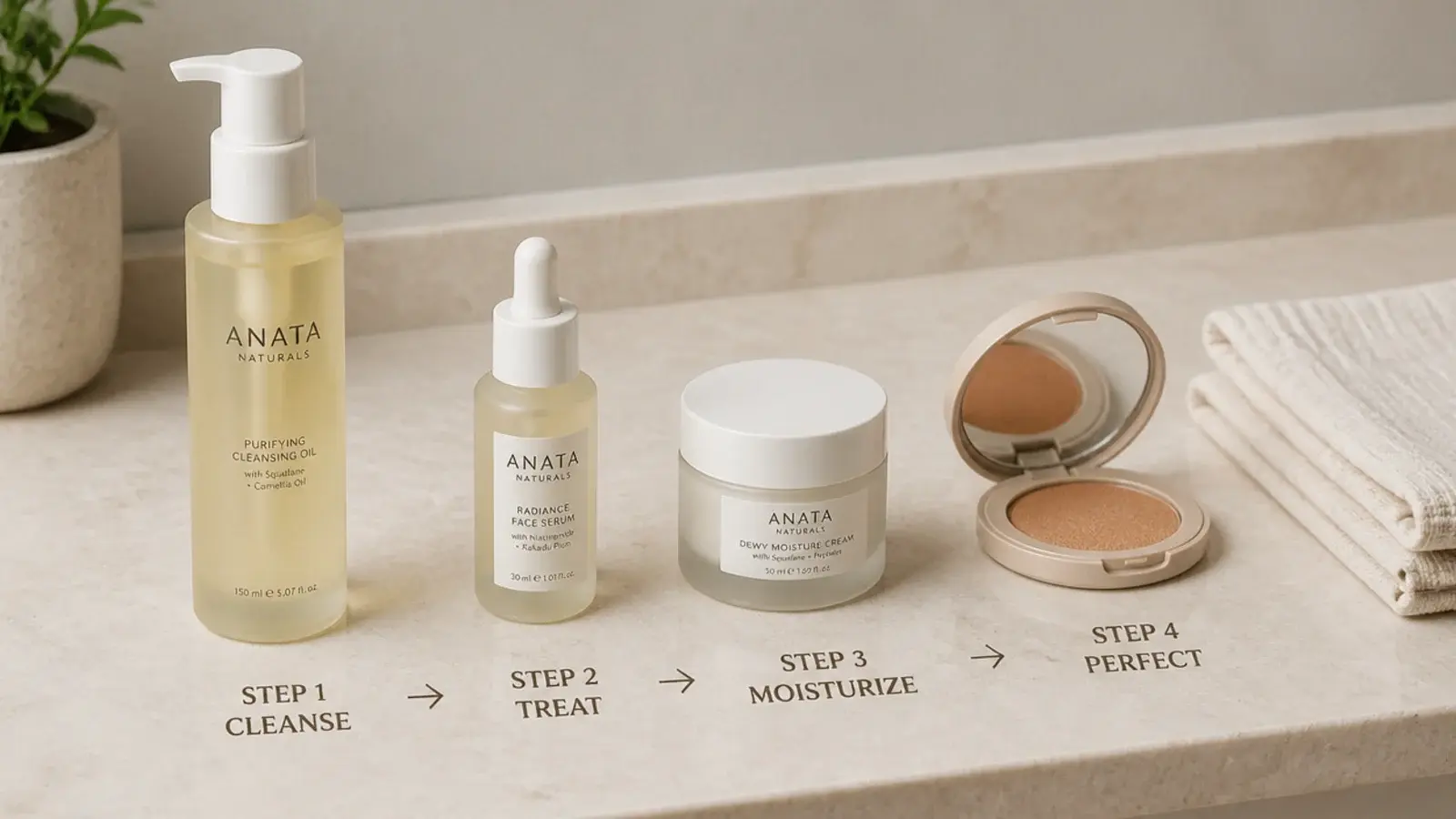 cleanser serum and cream arranged left to right in routine sequence
