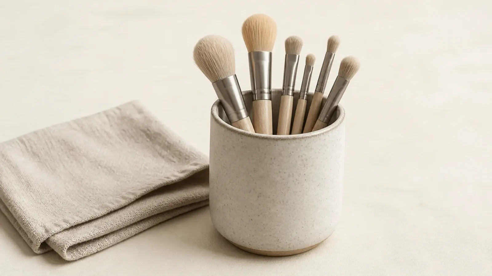 single weighted stoneware cup holding a small edited set of brushes