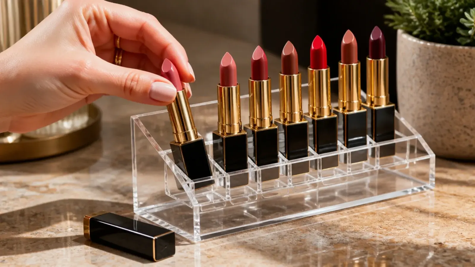 a new lipstick replacing an old one in an edited acrylic tier