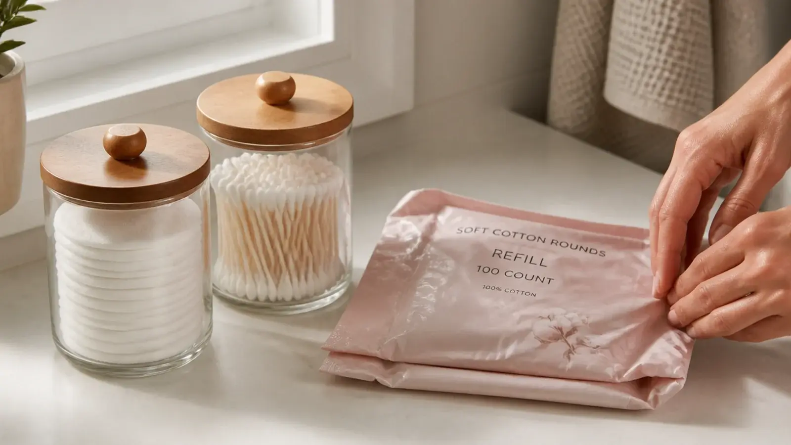 two glass canisters holding cotton rounds and swabs replacing plastic bags