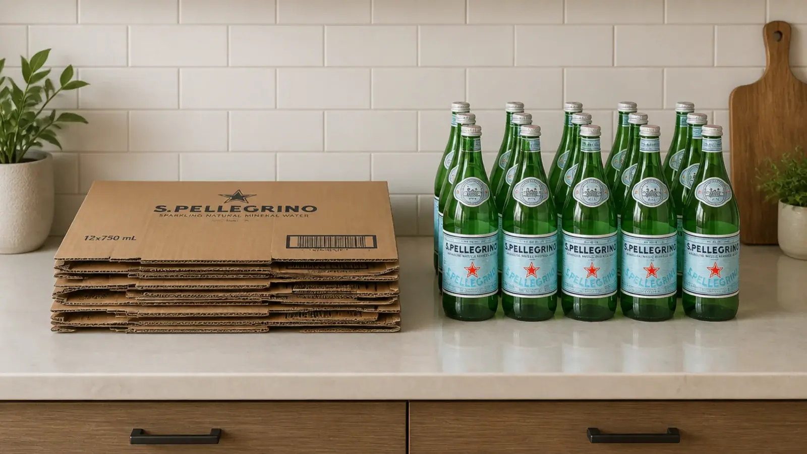 flattened product boxes being recycled beside neatly stored bare bottles