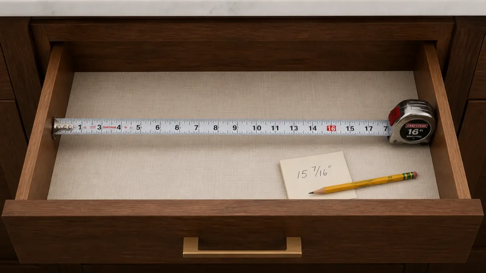tape measure spanning the internal width of an open vanity drawer