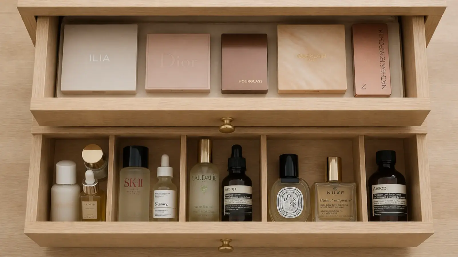 two drawers side by side holding flat palettes and upright bottles