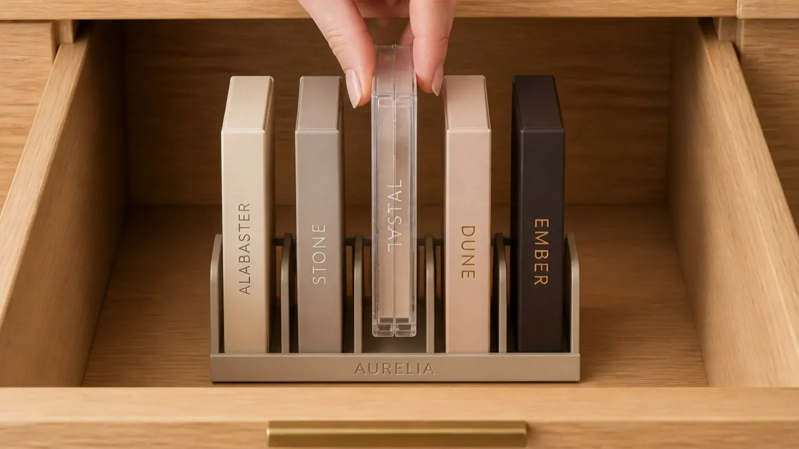 palettes filed on edge in a rack so every spine is readable