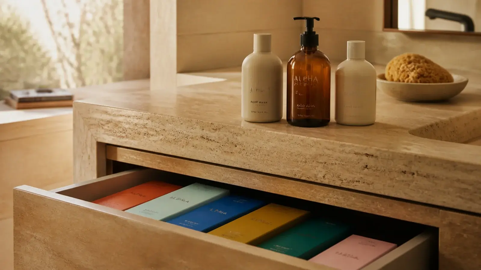 bright branded packaging tucked into a drawer leaving muted bottles out