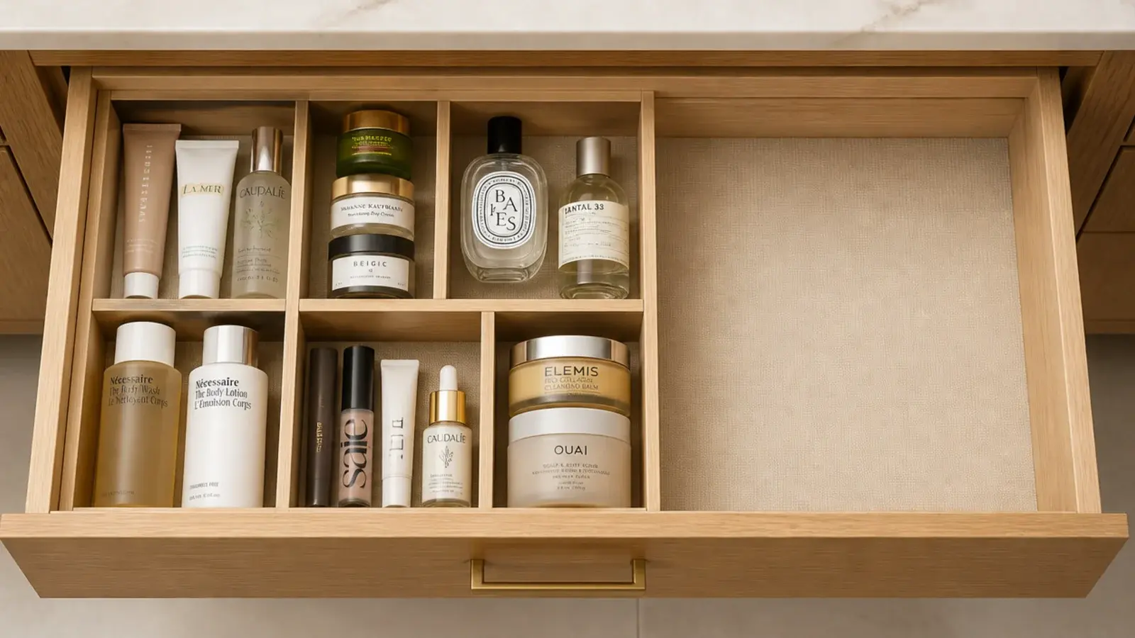 vanity drawer deliberately left one third empty beside filled compartments