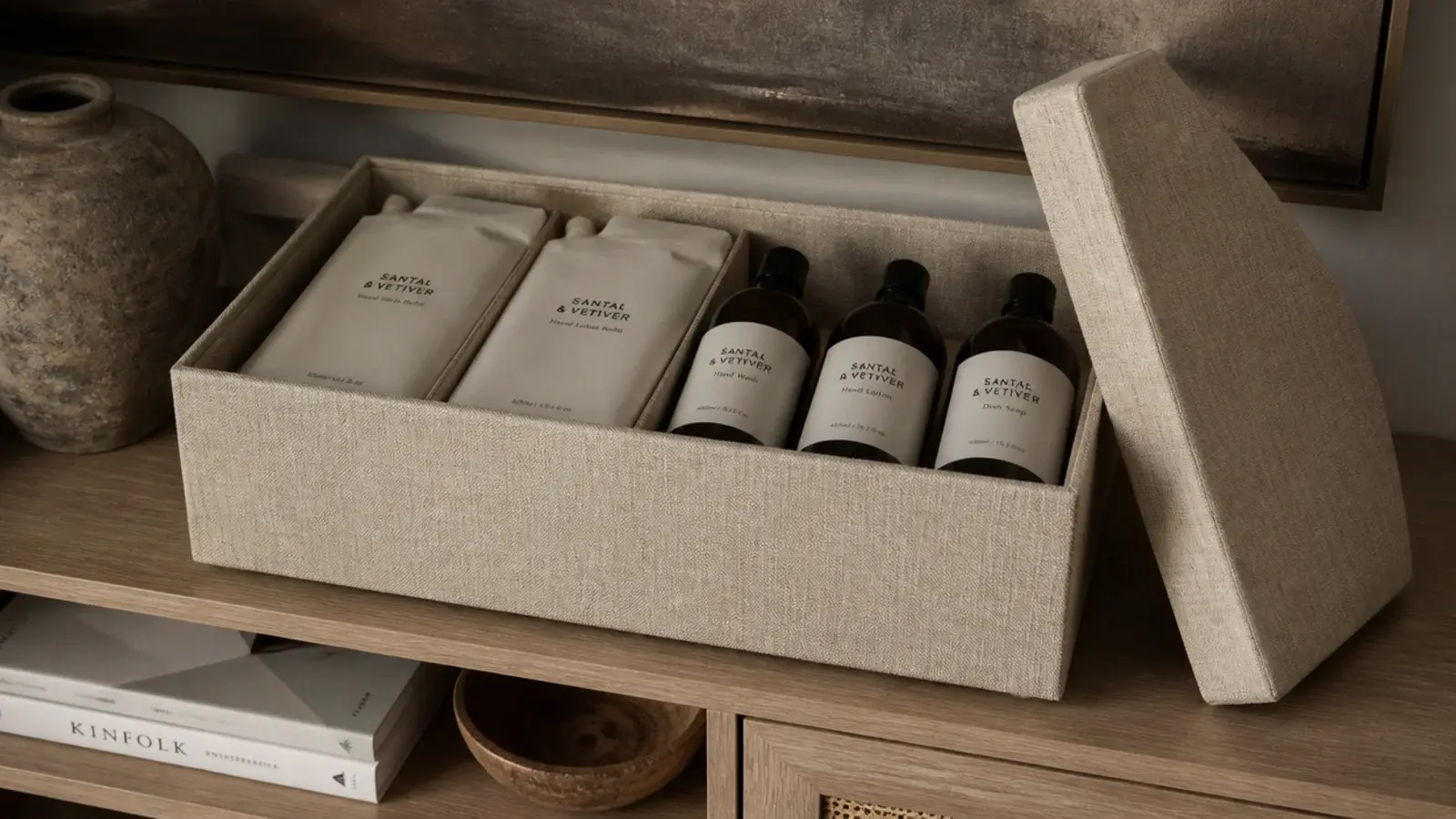 single linen lidded box holding all unopened backup products together