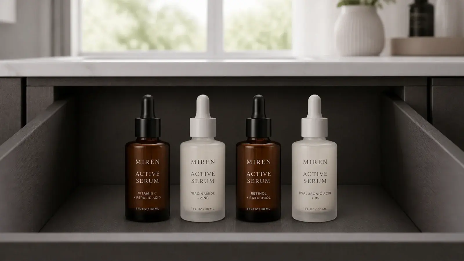 amber active serums stored inside a closed drawer away from window light